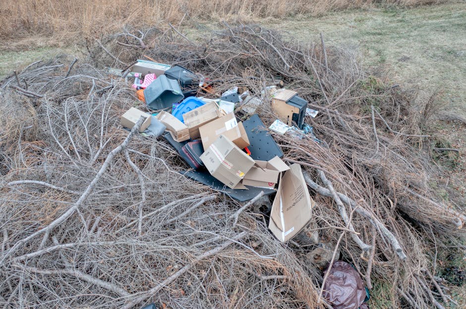 A large pile of discarded household items and packing materials, including cardboard boxes, plastic containers, and packaging debris, resting on dry, leafless tree branches and twigs in an outdoor are